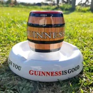 Vintage Guinness ashtray with ceramic barrel design and “Guinness is Good for You” slogan – ideal for pub décor or collectors.