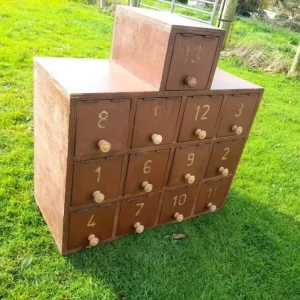 Vintage pigeon hole cabinet with 13 numbered drawers – wooden mystery prize box ideal for retail display or home décor.